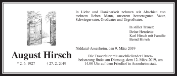 Traueranzeige von August Hirsch von Wetterauer Zeitung