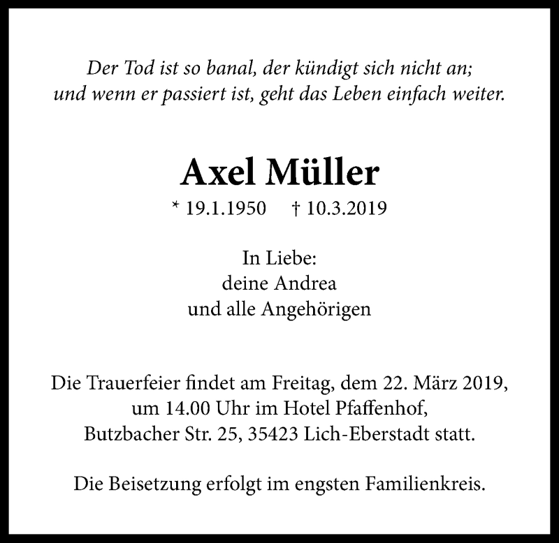  Traueranzeige für Axel Müller vom 14.03.2019 aus Licher Wochenblatt
