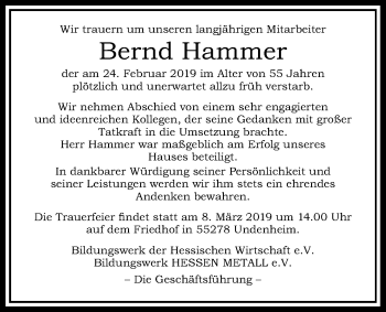 Traueranzeige von Bernd Hammer von Wetterauer Zeitung, Wetterauer Zeitung