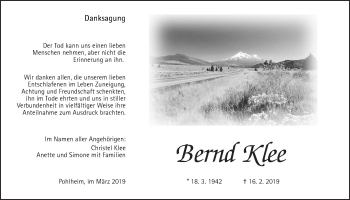 Traueranzeige von Bernd Klee von Giessener Allgemeine, Alsfelder Allgemeine