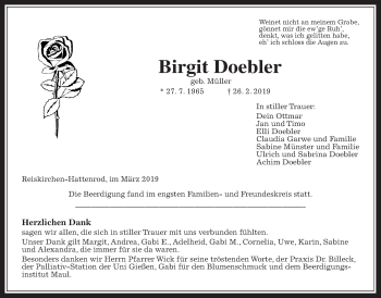 Traueranzeige von Birgit Doebler von Giessener Allgemeine, Alsfelder Allgemeine