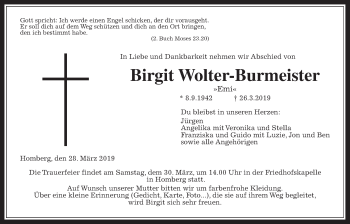 Traueranzeige von Birgit Wolter-Burmeister von Alsfelder Allgemeine