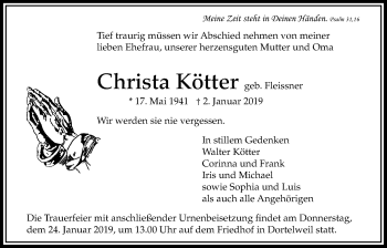 Traueranzeige von Christa Kötter von Bad Vilbel/Karben