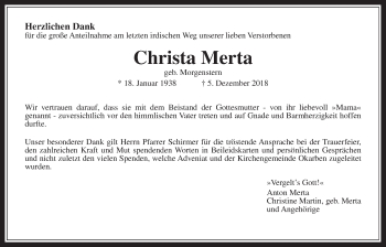Traueranzeige von Christa Merta von Wetterauer Zeitung, Wetterauer Zeitung, Wetterauer Zeitung