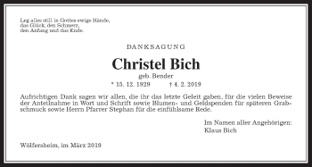 Traueranzeige von Christel Bich von Wetterauer Zeitung