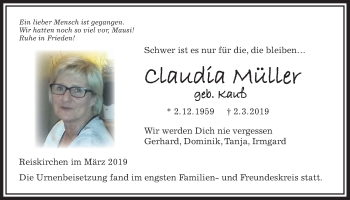 Traueranzeige von Claudia Müller von Giessener Allgemeine, Alsfelder Allgemeine