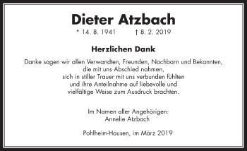 Traueranzeige von Dieter Atzbach von Giessener Allgemeine, Alsfelder Allgemeine