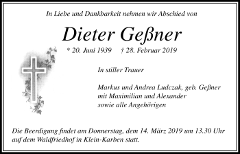 Traueranzeige von Dieter Geßner von Bad Vilbel/Karben