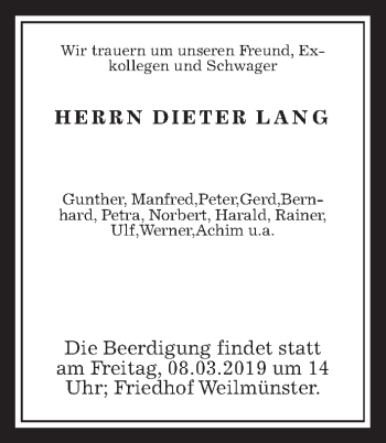 Traueranzeige von Dieter Lang von Giessener Allgemeine, Alsfelder Allgemeine
