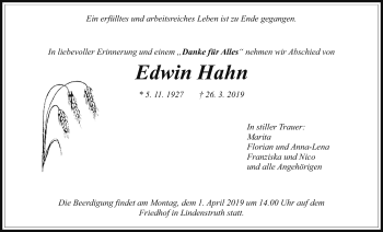 Traueranzeige von Edwin Hahn von Giessener Allgemeine, Alsfelder Allgemeine