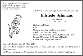 Traueranzeige von Elfriede Schmaus von Giessener Allgemeine, Alsfelder Allgemeine