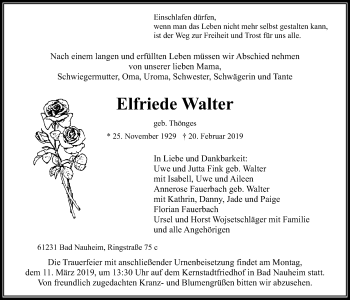 Traueranzeige von Elfriede Walter von Wetterauer Zeitung, Wetterauer Zeitung