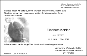 Traueranzeige von Elisabeth Keßler von Giessener Allgemeine, Alsfelder Allgemeine
