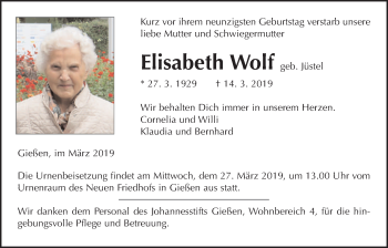 Traueranzeige von Elisabeth Wolf von Giessener Allgemeine, Alsfelder Allgemeine