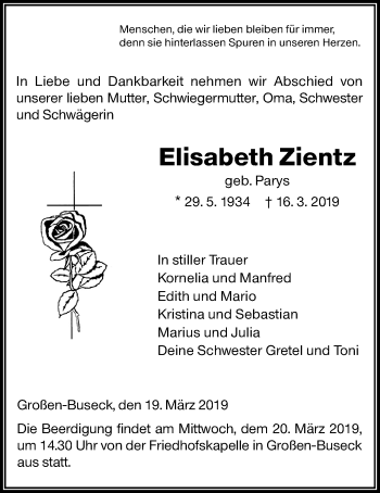 Traueranzeige von Elisabeth Zientz von Giessener Allgemeine, Alsfelder Allgemeine, Wetterauer Zeitung