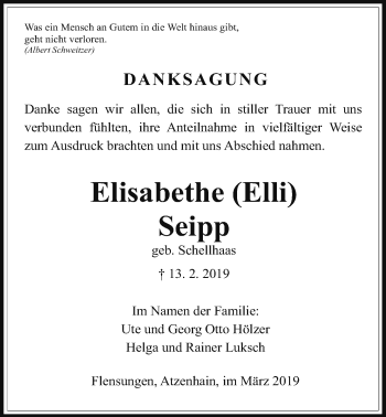 Traueranzeige von Elisabethe Seipp von Giessener Allgemeine, Alsfelder Allgemeine