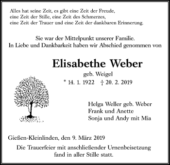 Traueranzeige von Elisabethe Weber von Giessener Allgemeine, Alsfelder Allgemeine