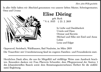 Traueranzeige von Elise Döring von Giessener Allgemeine, Alsfelder Allgemeine