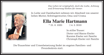 Traueranzeige von Ella Marie Hartmann von Wetterauer Zeitung