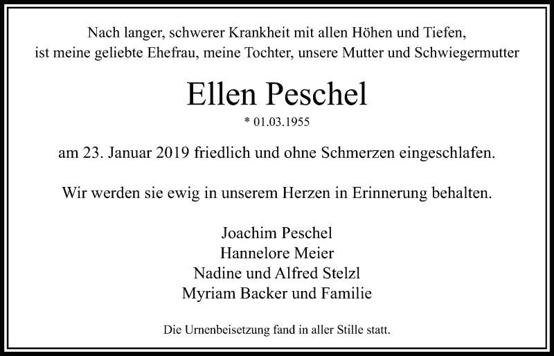  Traueranzeige für Ellen Peschel vom 14.02.2019 aus Bad Vilbel/Karben