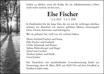 Traueranzeige von Else Fischer von Giessener Allgemeine, Alsfelder Allgemeine