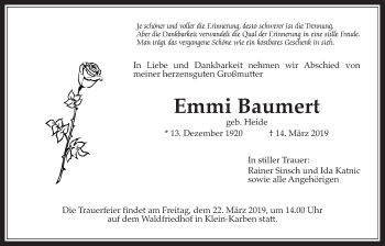 Traueranzeige von Emmi Baumert von Wetterauer Zeitung