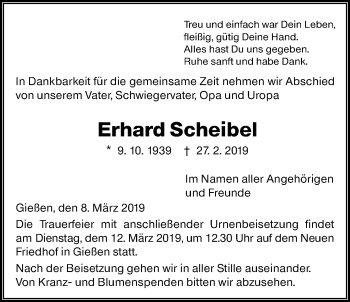 Traueranzeige von Erhard Scheibel von Giessener Allgemeine, Alsfelder Allgemeine