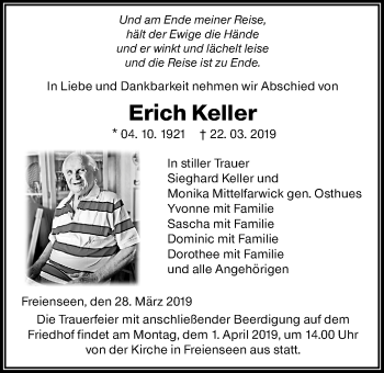 Traueranzeige von Erich Keller von Giessener Allgemeine, Alsfelder Allgemeine