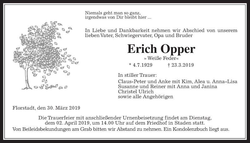  Traueranzeige für Erich Opper vom 30.03.2019 aus Wetterauer Zeitung