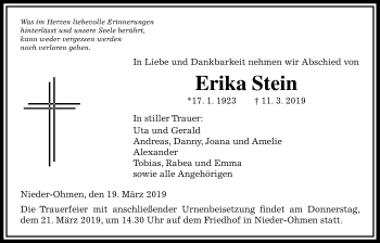 Traueranzeige von Erika Stein von Giessener Allgemeine, Alsfelder Allgemeine