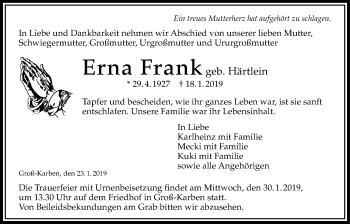 Traueranzeige von Erna Frank von Bad Vilbel/Karben