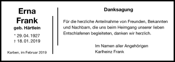 Traueranzeige von Erna Frank von Bad Vilbel/Karben