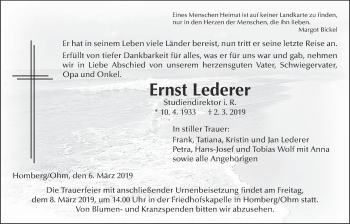 Traueranzeige von Ernst Lederer von Alsfelder Allgemeine