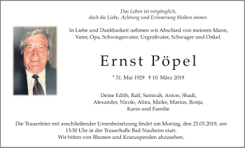 Traueranzeige von Ernst Pöpel von Wetterauer Zeitung