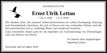 Traueranzeige von Ernst Ulrik Lettau von Giessener Allgemeine, Alsfelder Allgemeine