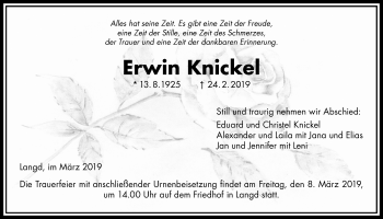 Traueranzeige von Erwin Knickel von Licher Wochenblatt, Licher Wochenblatt, Licher Wochenblatt