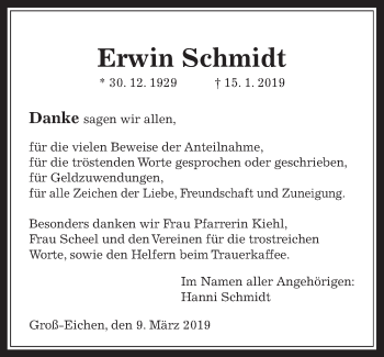 Traueranzeige von Erwin Schmidt von Giessener Allgemeine, Alsfelder Allgemeine