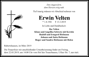 Traueranzeige von Erwin Velten von Licher Wochenblatt