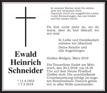 Traueranzeige von Ewald Heinrich Schneider von Wetterauer Zeitung, Giessener Allgemeine, Alsfelder Allgemeine