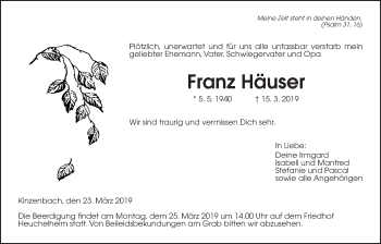 Traueranzeige von Franz Häuser von Giessener Allgemeine, Alsfelder Allgemeine