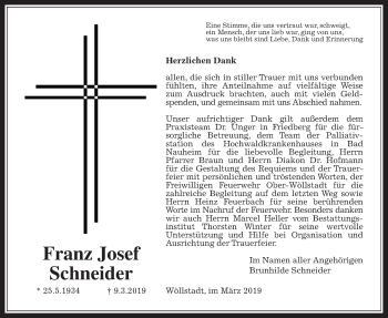 Traueranzeige von Franz Josef Schneider von Wetterauer Zeitung
