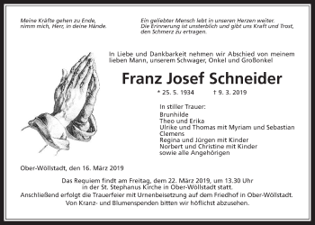 Traueranzeige von Franz Josef Schneider von Wetterauer Zeitung