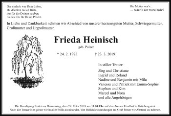 Traueranzeige von Frieda Heinisch von Giessener Allgemeine, Alsfelder Allgemeine