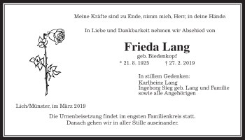Traueranzeige von Frieda Lang von Giessener Allgemeine, Alsfelder Allgemeine