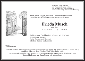 Traueranzeige von Frieda Musch von Wetterauer Zeitung