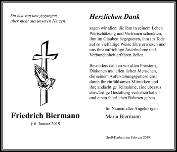 Traueranzeige von Friedrich Biermann von Bad Vilbel/Karben