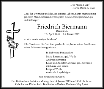 Traueranzeige von Friedrich Biermann von Bad Vilbel/Karben