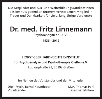 Traueranzeige von Fritz Linnemann von Giessener Allgemeine, Alsfelder Allgemeine