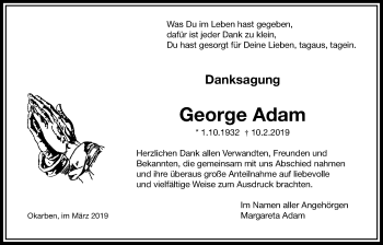 Traueranzeige von George Adam von Bad Vilbel/Karben
