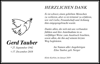 Traueranzeige von Gerd Tauber von Bad Vilbel/Karben